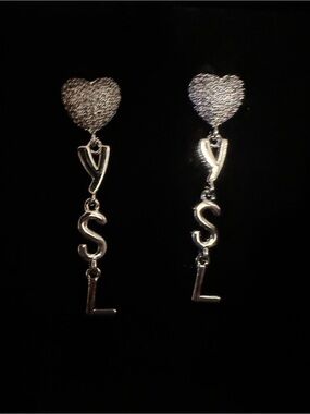 Silver Heart Drop Earrings with 'YSL' Lettering - Silver